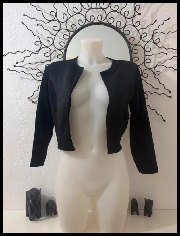 Boléro Noir Veste Courte À Texture Chevrons Et Manches 3/4 - Taille S (36)
